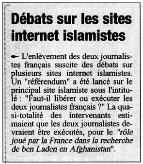 sondage sur les sites internet islamistes français, favorables à l'éxecution des journalistes